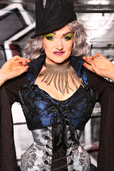 Cropped Courtier Corset in Black & Blue Medallion -"13 Days of Halloween 2024" Day 7