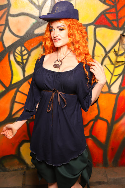 Classic Blouse w/ Leaf Sleeves in Navy Blue Stretch Rayon -"Bowstrings & Bodices Collection"