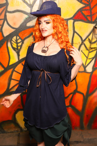 Classic Blouse w/ Leaf Sleeves in Navy Blue Stretch Rayon -"Bowstrings & Bodices Collection"