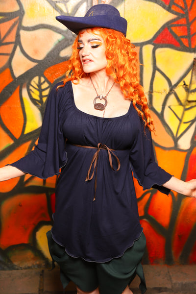 Classic Blouse w/ Leaf Sleeves in Navy Blue Stretch Rayon -"Bowstrings & Bodices Collection"