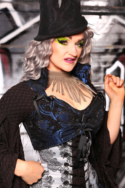 Cropped Courtier Corset in Black & Blue Medallion -"13 Days of Halloween 2024" Day 7