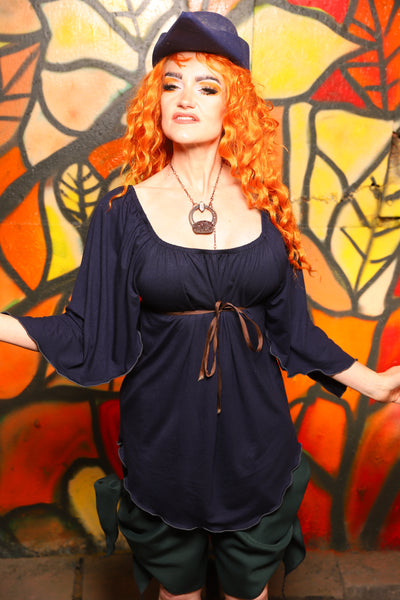 Classic Blouse w/ Leaf Sleeves in Navy Blue Stretch Rayon -"Bowstrings & Bodices Collection"