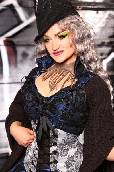 Cropped Courtier Corset in Black & Blue Medallion -"13 Days of Halloween 2024" Day 7