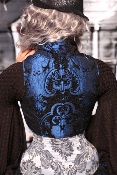 Cropped Courtier Corset in Black & Blue Medallion -"13 Days of Halloween 2024" Day 7