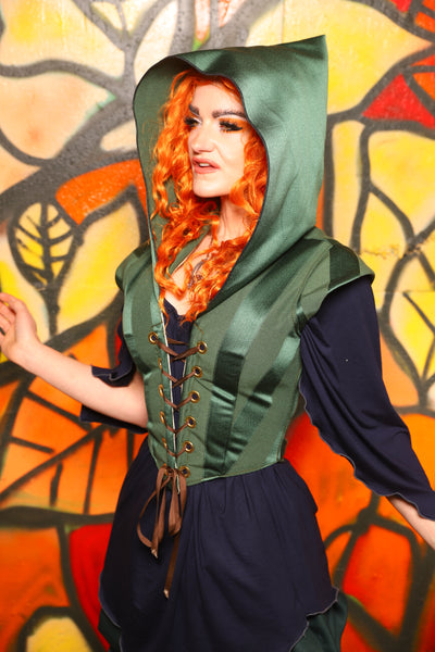 Guinevere II Bodice with Hood in Kale Stripe -"Bowstrings & Bodices Collection"