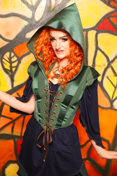 Guinevere II Bodice with Hood in Kale Stripe -"Bowstrings & Bodices Collection"