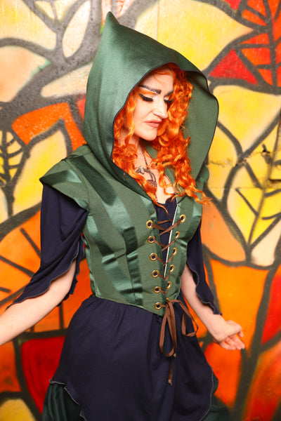 Guinevere II Bodice with Hood in Kale Stripe -"Bowstrings & Bodices Collection"