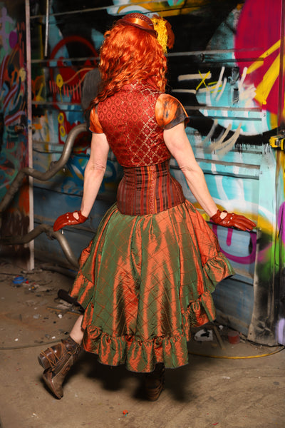 07. Crescent Skirt in w/ruffle in Two Tone Tangerine & Green Pintuck - The "Ensembled in Embers" Collection