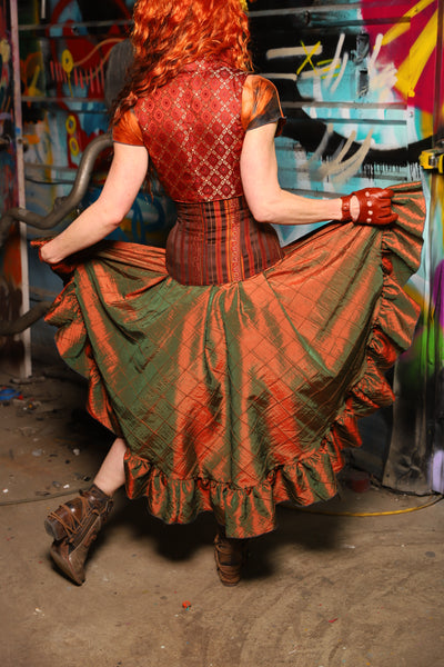 07. Crescent Skirt in w/ruffle in Two Tone Tangerine & Green Pintuck - The "Ensembled in Embers" Collection
