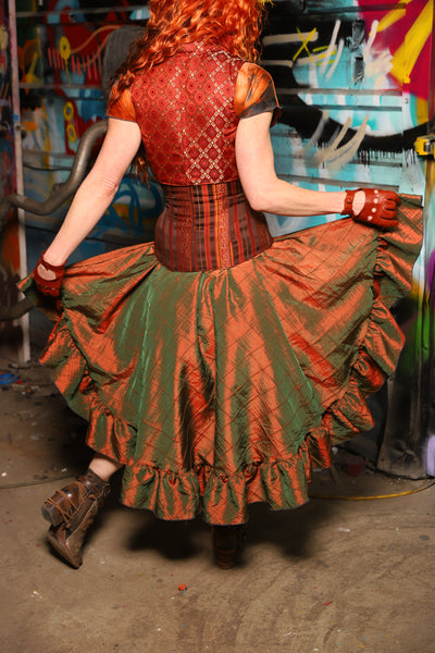 07. Crescent Skirt in w/ruffle in Two Tone Tangerine & Green Pintuck - The "Ensembled in Embers" Collection