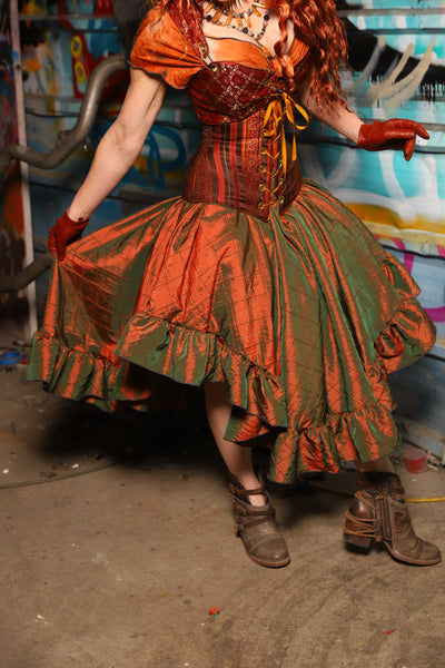 07. Crescent Skirt in w/ruffle in Two Tone Tangerine & Green Pintuck - The "Ensembled in Embers" Collection
