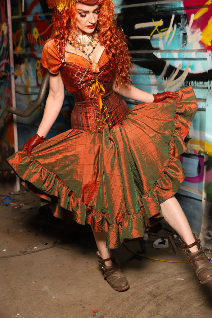 07. Crescent Skirt in w/ruffle in Two Tone Tangerine & Green Pintuck - The "Ensembled in Embers" Collection