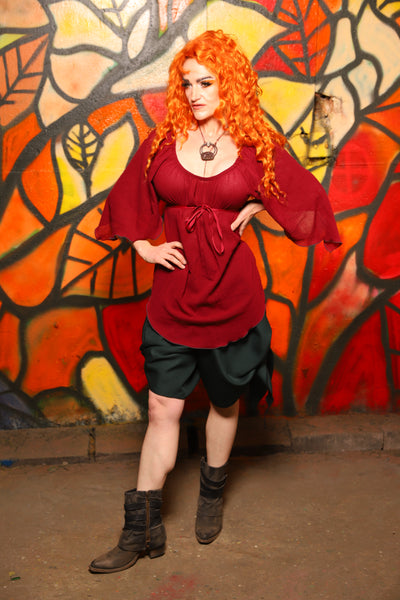 Classic Blouse w/ Leaf Sleeves in Cranberry Red Cotton Stretch Gauze -"Bowstrings & Bodices Collection"