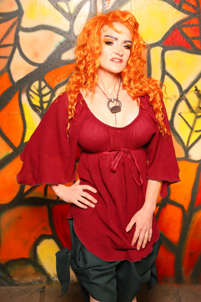 Classic Blouse w/ Leaf Sleeves in Cranberry Red Cotton Stretch Gauze -"Bowstrings & Bodices Collection"