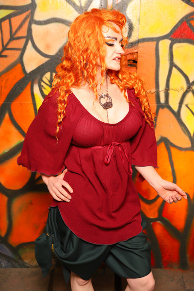 Classic Blouse w/ Leaf Sleeves in Cranberry Red Cotton Stretch Gauze -"Bowstrings & Bodices Collection"