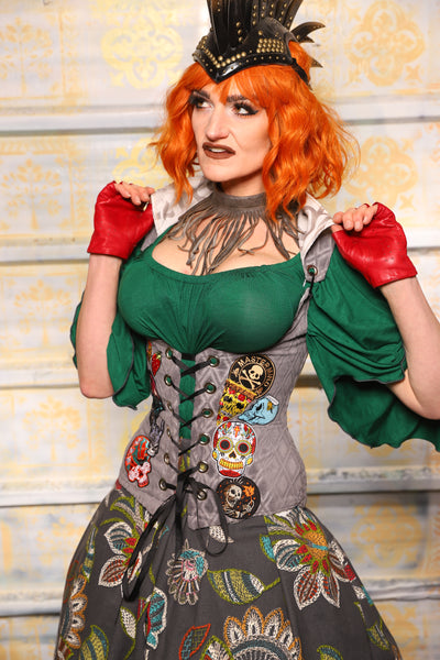 Petite Vixen Corset in Gray Flocked Diamond w/Skull Patches - Day 6 of 13 Days of Halloween 2025