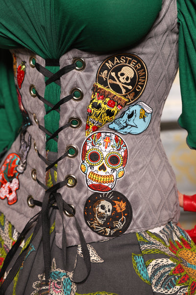 Petite Vixen Corset in Gray Flocked Diamond w/Skull Patches - Day 6 of 13 Days of Halloween 2025