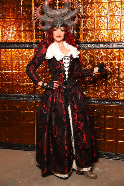 15. QUEENIE Skirt w/Lace Trim & Pocket & SEWN IN SKIRT HIKES in Black & Crimson Medallion - The Wicked Dowager Collection