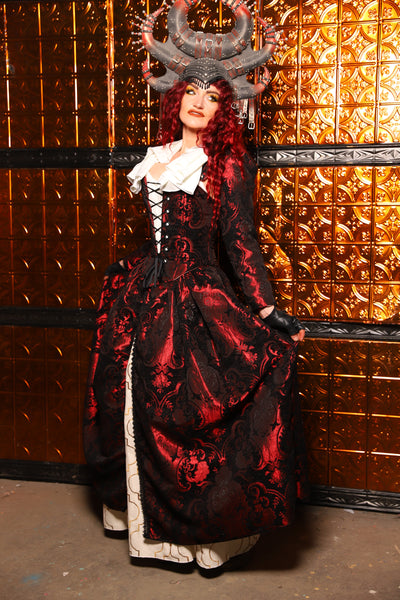 15. QUEENIE Skirt w/Lace Trim & Pocket & SEWN IN SKIRT HIKES in Black & Crimson Medallion - The Wicked Dowager Collection