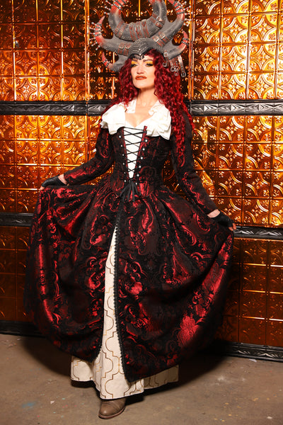 15. QUEENIE Skirt w/Lace Trim & Pocket & SEWN IN SKIRT HIKES in Black & Crimson Medallion - The Wicked Dowager Collection