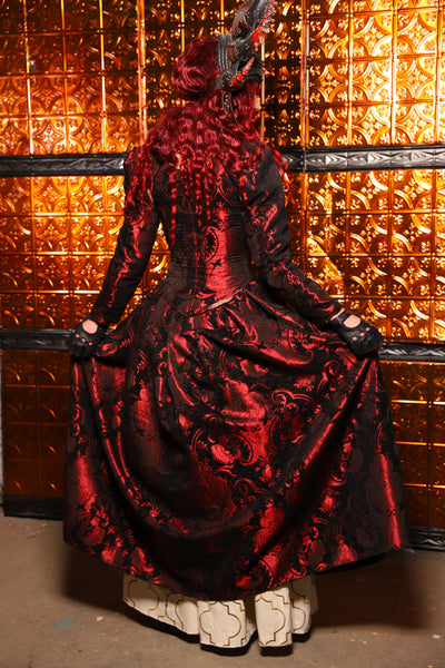 15. QUEENIE Skirt w/Lace Trim & Pocket & SEWN IN SKIRT HIKES in Black & Crimson Medallion - The Wicked Dowager Collection