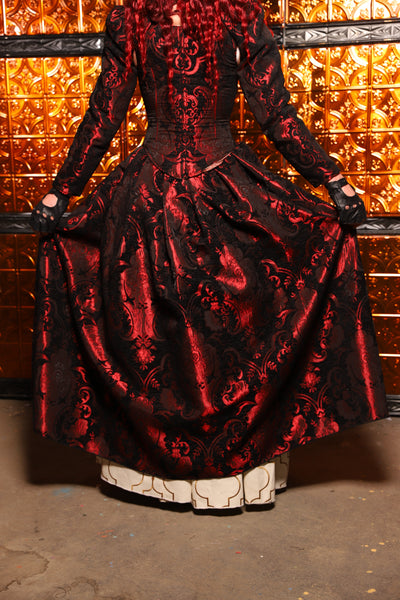 15. QUEENIE Skirt w/Lace Trim & Pocket & SEWN IN SKIRT HIKES in Black & Crimson Medallion - The Wicked Dowager Collection