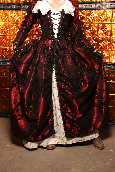 15. QUEENIE Skirt w/Lace Trim & Pocket & SEWN IN SKIRT HIKES in Black & Crimson Medallion - The Wicked Dowager Collection