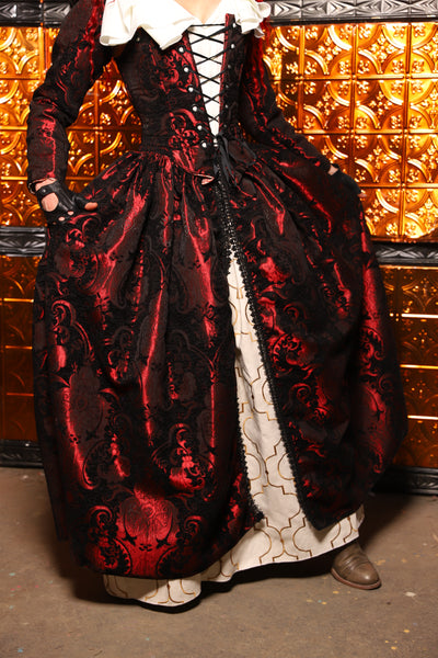 15. QUEENIE Skirt w/Lace Trim & Pocket & SEWN IN SKIRT HIKES in Black & Crimson Medallion - The Wicked Dowager Collection