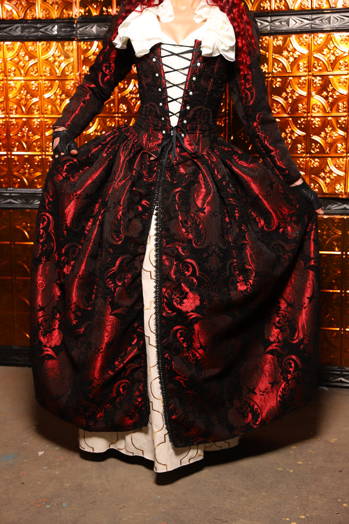 15. QUEENIE Skirt w/Lace Trim & Pocket & SEWN IN SKIRT HIKES in Black & Crimson Medallion - The Wicked Dowager Collection