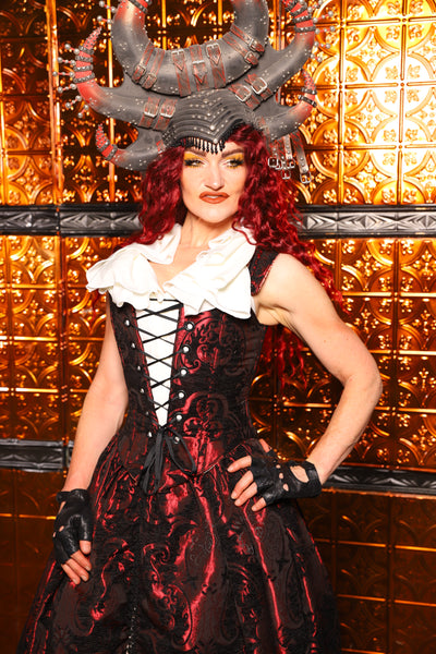 03. Elizabethan Corset in Black & Crimson Medallion - The Wicked Dowager Collection