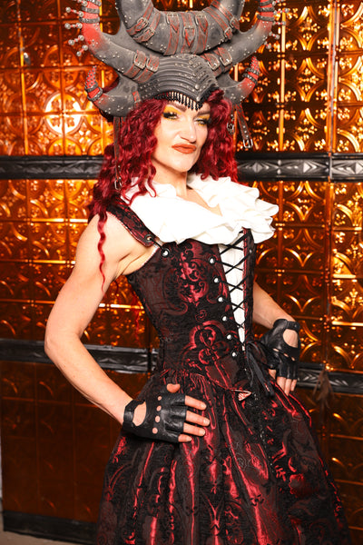 03. Elizabethan Corset in Black & Crimson Medallion - The Wicked Dowager Collection