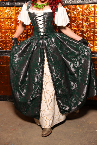 19. QUEENIE Skirt w/Lace Trim & Pocket & SEWN IN SKIRT HIKES in Emerald & Silver Medallion - The Wicked Dowager Collection
