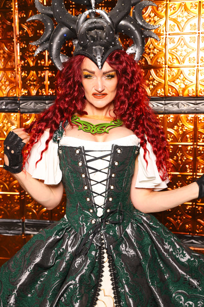 05. Elizabethan Corset in Emerald & Silver Medallion - The Wicked Dowager Collection