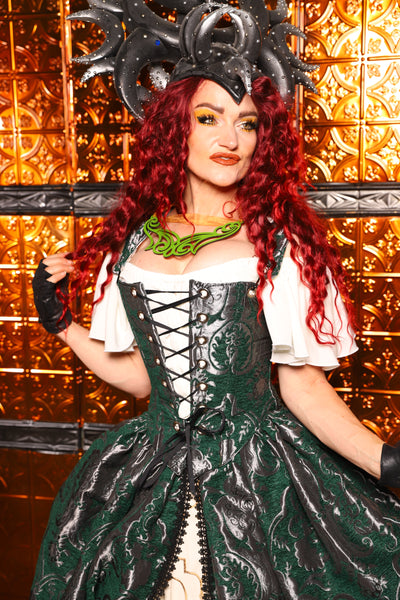 05. Elizabethan Corset in Emerald & Silver Medallion - The Wicked Dowager Collection