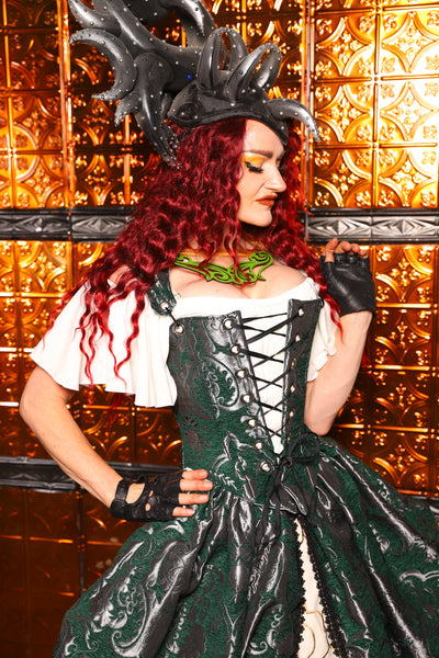 05. Elizabethan Corset in Emerald & Silver Medallion - The Wicked Dowager Collection