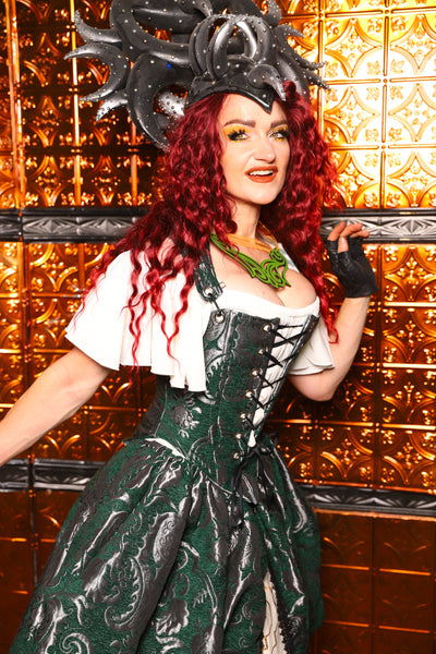 05. Elizabethan Corset in Emerald & Silver Medallion - The Wicked Dowager Collection
