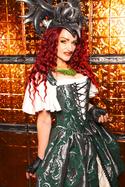 05. Elizabethan Corset in Emerald & Silver Medallion - The Wicked Dowager Collection