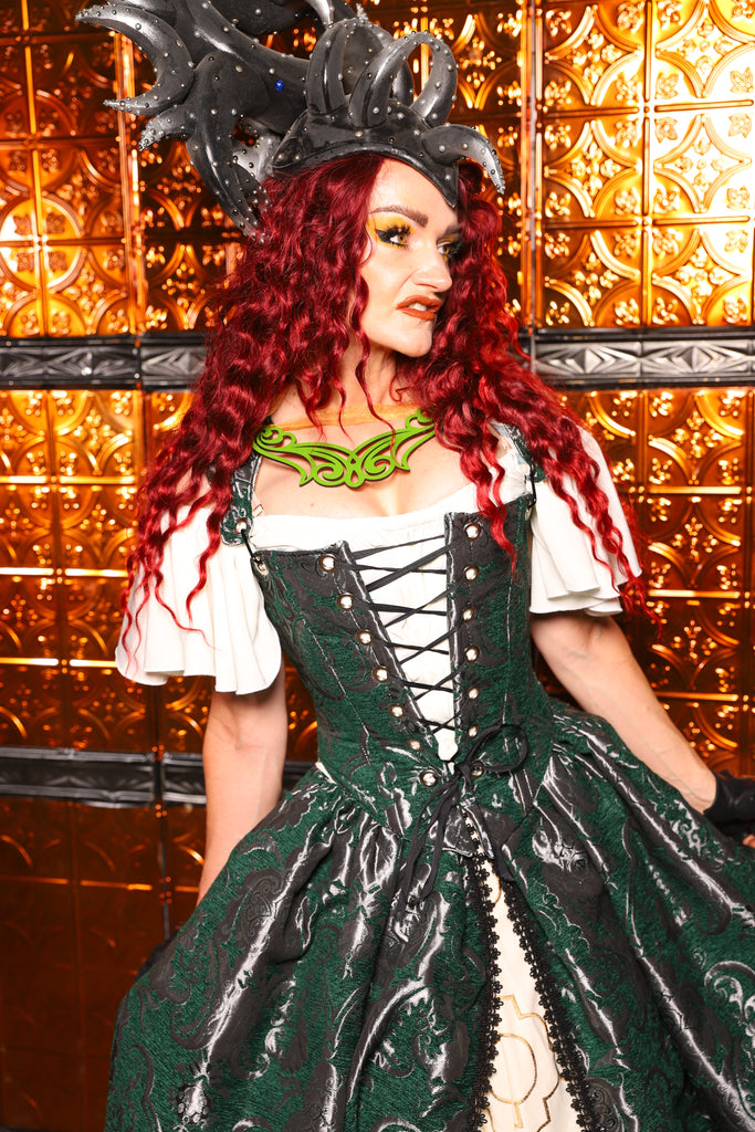 05. Elizabethan Corset in Emerald & Silver Medallion - The Wicked Dowager Collection