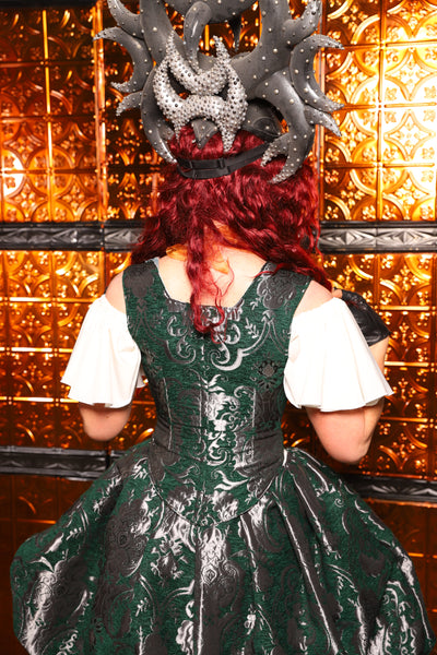 05. Elizabethan Corset in Emerald & Silver Medallion - The Wicked Dowager Collection
