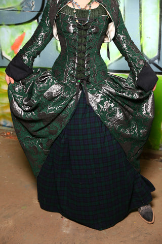 Queenie Split Front Overskirt w/ Big Pocket in Emerald & Silver Medallion  -"Greener Pastures Collection" #28