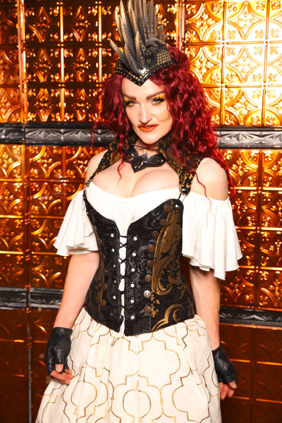 08. Petite Buccaneer Overbust Corset in Black & Gold Medallion - The Wicked Dowager Collection