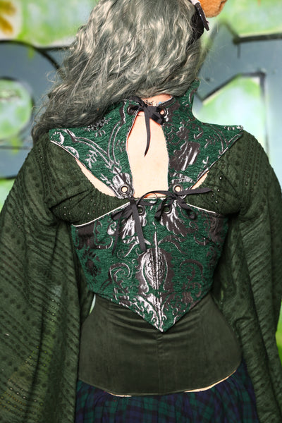 Cropped Fae Corset w/Sorceress Straps in Emerald & Silver Medallion  -"Greener Pastures Collection" #6