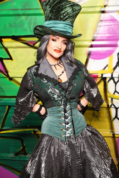 52. Wren Overbust Vest in Emerald and Silver Medallion - The Wrenfaire Collection