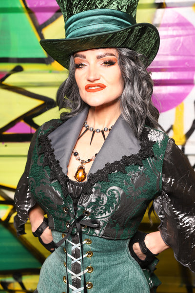 52. Wren Overbust Vest in Emerald and Silver Medallion - The Wrenfaire Collection