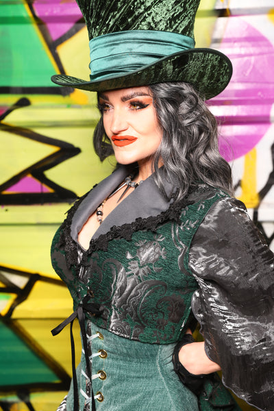 52. Wren Overbust Vest in Emerald and Silver Medallion - The Wrenfaire Collection