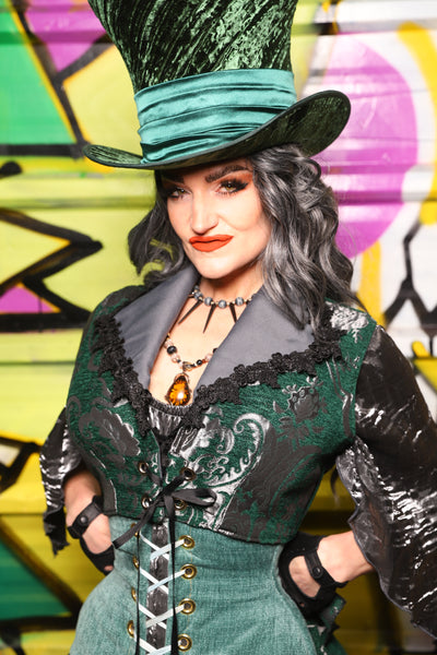 52. Wren Overbust Vest in Emerald and Silver Medallion - The Wrenfaire Collection