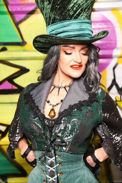 52. Wren Overbust Vest in Emerald and Silver Medallion - The Wrenfaire Collection