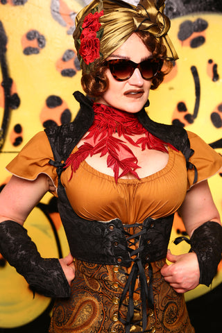Cropped Fae Corset w/ Sorceress Straps in Black Medallion #6 - Kitty Kitty Bang Bang Collection