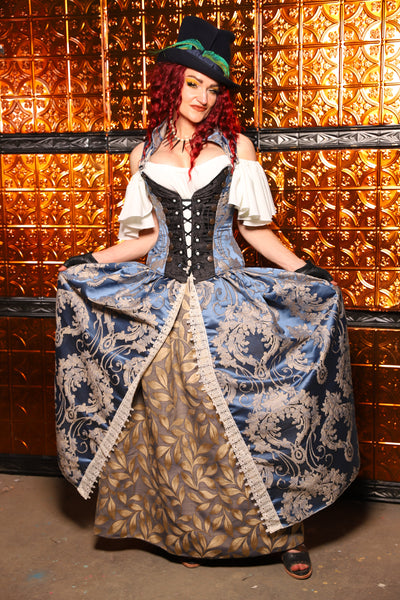 18. QUEENIE Skirt w/Lace Trim & Pocket & SEWN IN SKIRT HIKES in Cinderella Blue Damask - The Wicked Dowager Collection