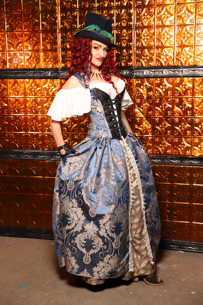 18. QUEENIE Skirt w/Lace Trim & Pocket & SEWN IN SKIRT HIKES in Cinderella Blue Damask - The Wicked Dowager Collection